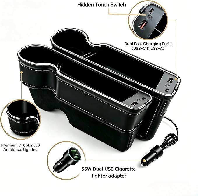 7 Colors LED Car Seat Gap Organizer Front Seat Organizer with 56W Fast Charger Center Console Gap Filler with USB Type C Charging Car Organizer with Cup Holder,LED Auto Interior Accessories (Black)