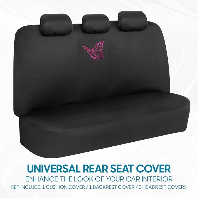 BDK Pink Butterfly Print Car Seat Covers, Full Set with Steering Wheel Cover and Seat Belt Pads, Front and Rear Universal Fit for Car Truck SUV Van, Cute Auto Interior Accessory for Women Girl