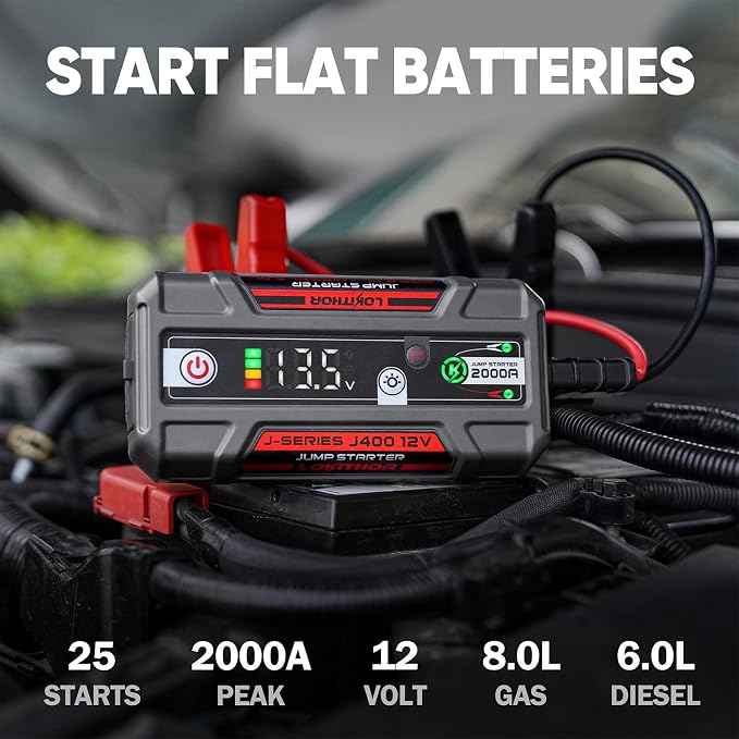 LOKITHOR J400 Jump Starter - 12V 2000A Lithium Battery Jump Pack, Portable Jump Box, Car Starter, Jumper Cables - for Up to 8.0L Gas & 6.0L Diesel Engines | ConnectMax Tech - Smart Digital Display