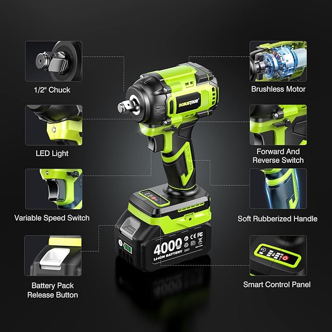 Robustrue Cordless Impact Wrench, 590Ft-lbs (800N.m) Brushless 1/2 inch, 2800RPM High Torque Impact Gun, 2x 4.0Ah Battery, Charger, 4 Sockets, Electric Impact Wrench for Car Home