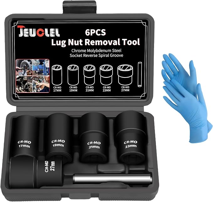 6PCS Twist Lug Nut Socket Set - 1/2 inch Drive Damaged Nut Lock Remover Extractor - Rusted & Stubborn Locking Nut Removal Tool Kit with 17mm 19mm 21mm 23mm 27mm Sockets & Center Punch Bar