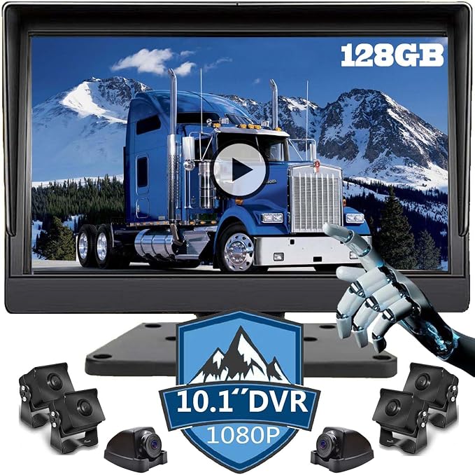 6 Channel Alarm Sensor Large 10.1 inch 1080P Backup Camera Audio Monitor & Built-in 128GB DVR Dash Cam for RV Truck Trailer Rear Side Front Reversing View Wired System Waterproof Avoid Blind Spot