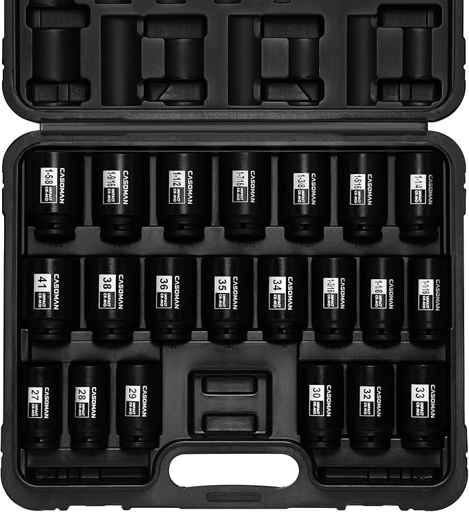 CASOMAN 1/2” Drive Deep Big Impact Socket Set, 21 - Piece Large Spindle Axle Nut Impact Wrench Socket Set, 6 Point, CR-MO, Metric & SAE, 27mm - 41mm, 1-1/16" - 1-5/8"