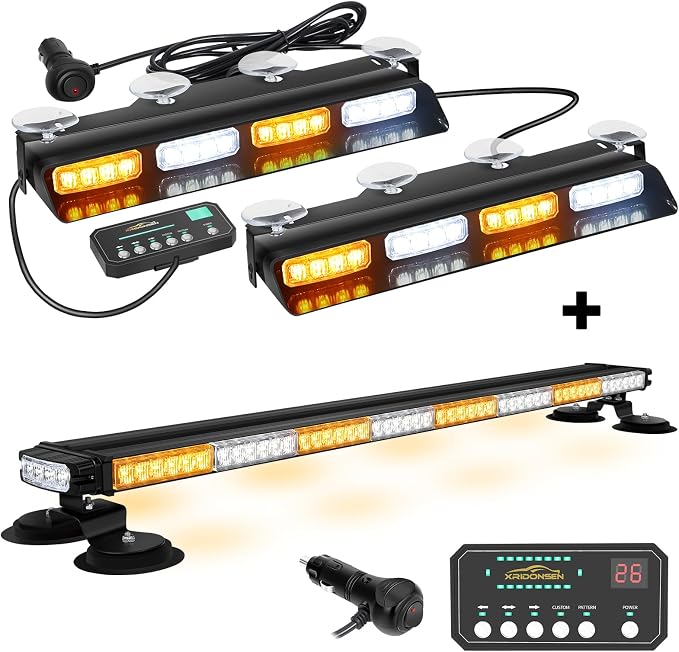 XRIDONSEN Amber White Emergency Dash Strobe Lights & 37 inch 104 LED Roof Top Strobe Light Bar Traffic Advisor Lights for Plow Tow Trucks Construction Vehicles