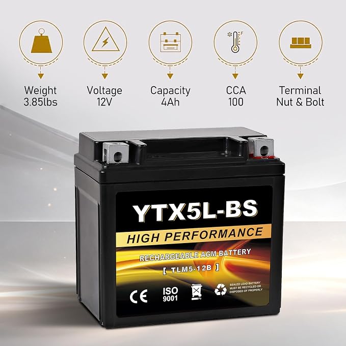 YTX5L-BS 12V 4Ah AGM Sealed Motorcycle Battery, Maintenance-Free, Compatible with Honda YUASA Yamaha ETX5L-BS Batteries
