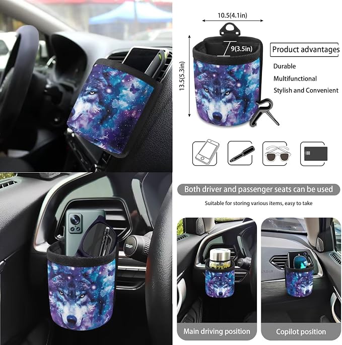 Wolf Galaxy Butterfly Print Full Set with Front Back Seats Steering Wheel Covers, Trash Can, Air Vent Bag, Auto Seat Belt Pads, Mirror Cushion, Cup Holder Coaster for Women Men