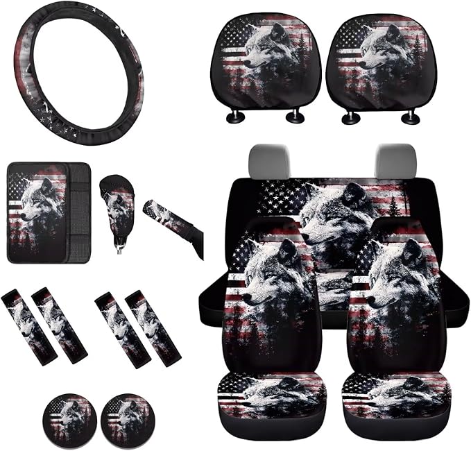 Lotusorchid Wolf Forest Print Car Accessories Full Set American Flag Print Car Front Back Seat Covers Safety Belt Pads Headrest Cover Armrest Pad Gear Shift Knob Protector Cup Holder Coaster