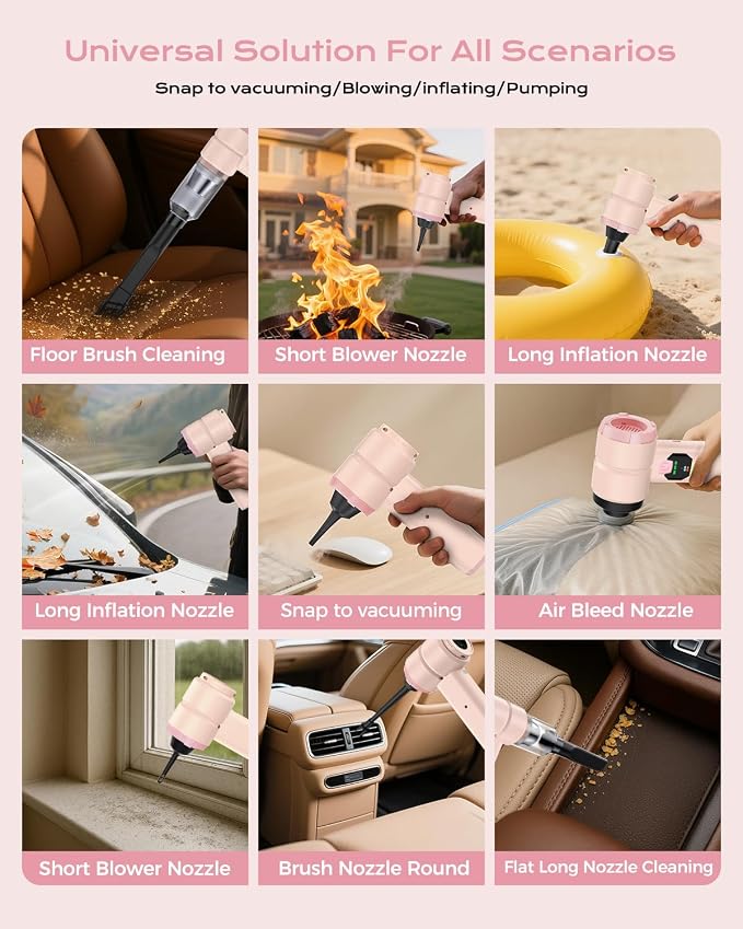 Portable Cordless Car Vacuum,4-in-1 Handheld Cordless Vacuum with 30000Pa Suction, 130000 RPM,6800mAh Battery,10 Nozzles,Rubber Paint Material for Car,Home,Birthday Gifts for Men Dad Husband(Pink)