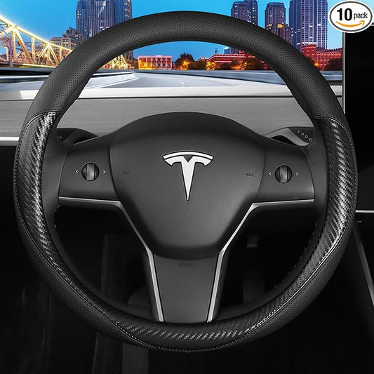 Leather Steering Wheel Cover Custom-Fit for Tesla Model 3/Y 2016-2026, Comfort Grip Design Breathable and Non-Slip, Model 3/Y Car Steering Wheel Protector, Tesla Accessories,Black(B-Style, for Tesla)