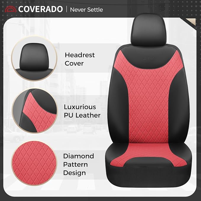 Coverado Front and Rear Seat Covers, 5 Packs Leather Seat Covers for Cars, Car Seat Protectors with Splicing Design，Universal Car Seat Cushions Waterproof Seat Covers Fit for Most Cars, Black & Red