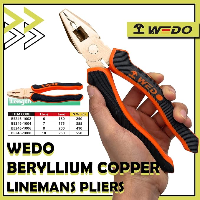 WEDO Non-Sparking Lineman's Pliers 6", Spark-free Safety Side Cutter Linemans Pliers, Combination Pliers, Wire Stripper, Crimper, Non-Magnetic, DIN Standard, BAM & FM Certificate, Beryllium Copper