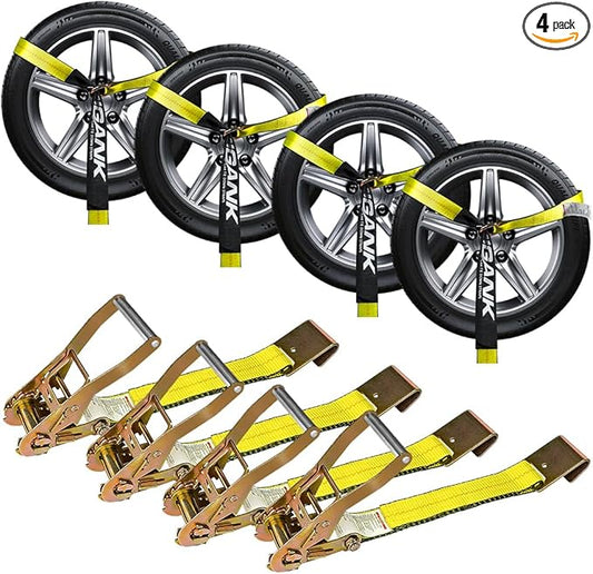 Car Tie Down Straps for Trailers (4PK) Flat Hooks Lasso Style and 2'' X 96'' Tie Down Webbing Easily Secure Tire Tie-Downs for Any Car, SUV, Jeep or Sports Car