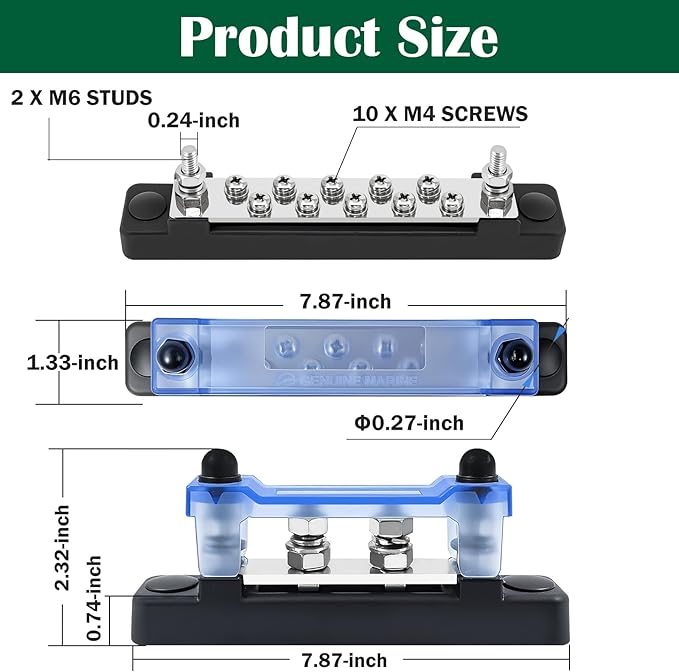 LENKRAD 2 Pack Battery Terminal Block Marine Buss Bars 150A 12v Power Distribution Block Positive and Negative with 2 x M6 Post,10 x M4 Terminal Screws for Travel Trailer Marine Boat