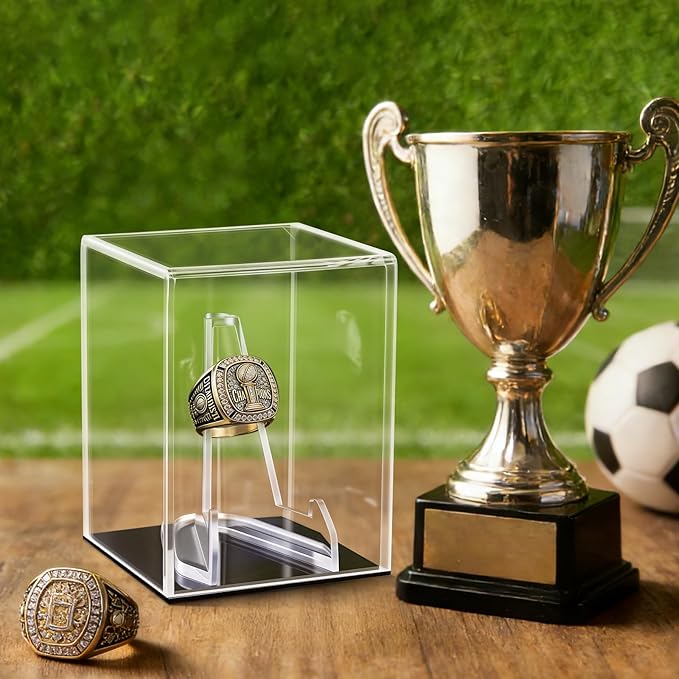 Hooqict Championship Ring Display Case Clear Acrylic Ring Case Display Box UV Protected with Base for Sports Baseball Softball Football Single Ring Coin Holder Stand