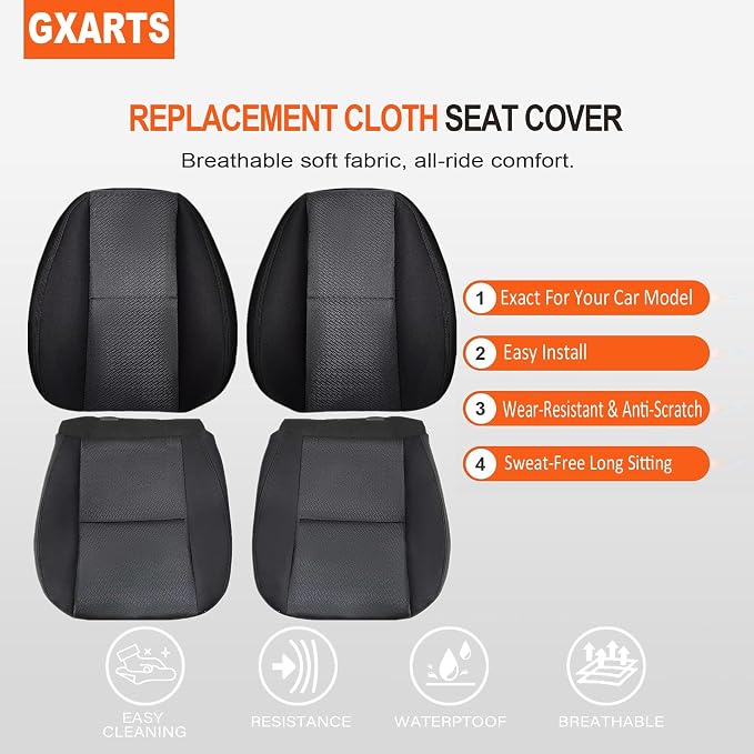 GXARTS Black Cloth Driver & Passenger Side Bottom and Top Back and Foam Cushion Replacement Seat Cover Compatible with Chevy Silverado 1500 2500HD 3500HD 2007 2008 2009 2010 2011 2012 2013 2014