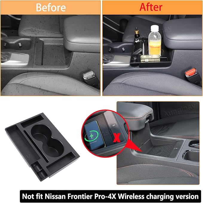 Aunginsy Center Console Cup Holder Storage Box Compatible with Nissan Frontier 2022-2025 Car Central Control Gear Shift Armrest Box Front Cup Holder Organizer Tray Insert Accessories, Not Fit Pro-4X