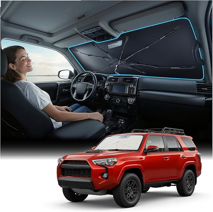 [2026 Upgraded] Nmoiss Windshield Sun Shade Umbrella for for Toyota 4runner Highlander RAV4 - [Vinyl Coating Heat Shield] Protect Car from Sun Rays & Heat Damage Keep Cool and Protect Interior