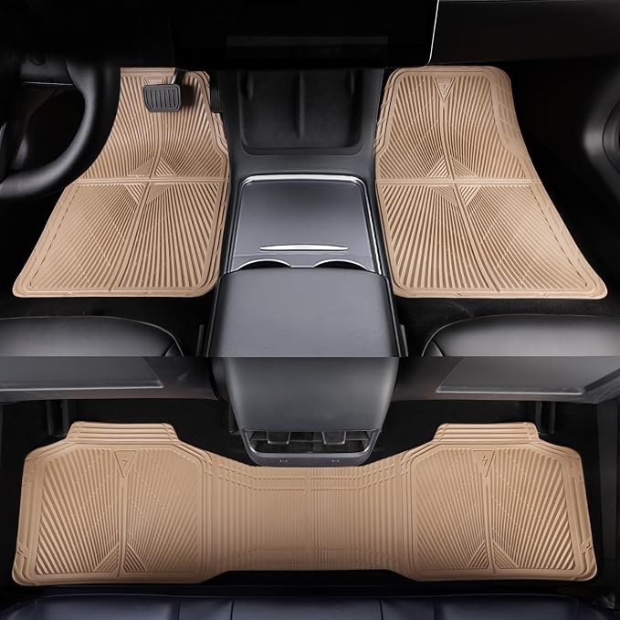 CAR PASS Rubber Car Mats,Car Floor Mats All Weather, Waterproof Trim-to Fit Automotive Floor Mats for Cars Trucks SUV,Anti-Slip Easy Clean, Heavy Duty Car Mats Full Set 3-Piece,All Beige