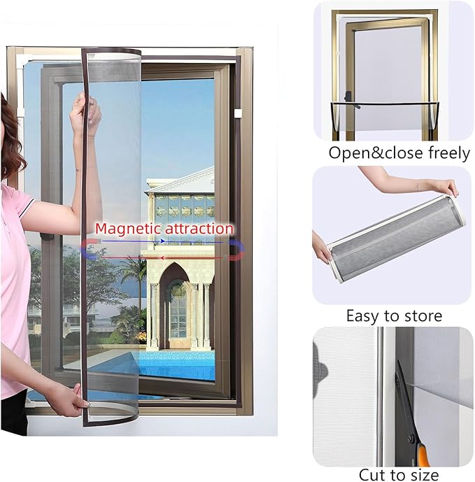 Magnetic Window Screen DIY Adjustable Window Mesh Screen Replacement Window Net Fits up to 59"x 61" White Frames with Fiberglass Mesh