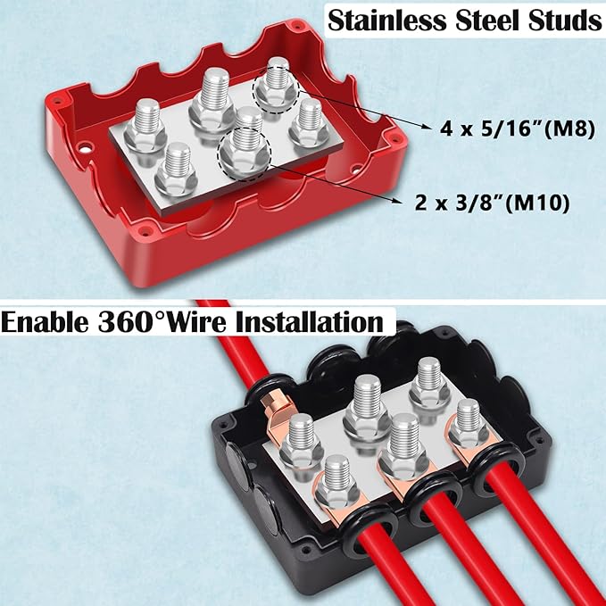 500A Marine Bus Bar Heavy Duty Power Distribution Block, Battery Busbar, Waterproof Automotive Buss Bar with 4X 5/16" (M8) +2X 3/8" (M10) Studs for Car, Boat and Solar Wiring (Black+Red)