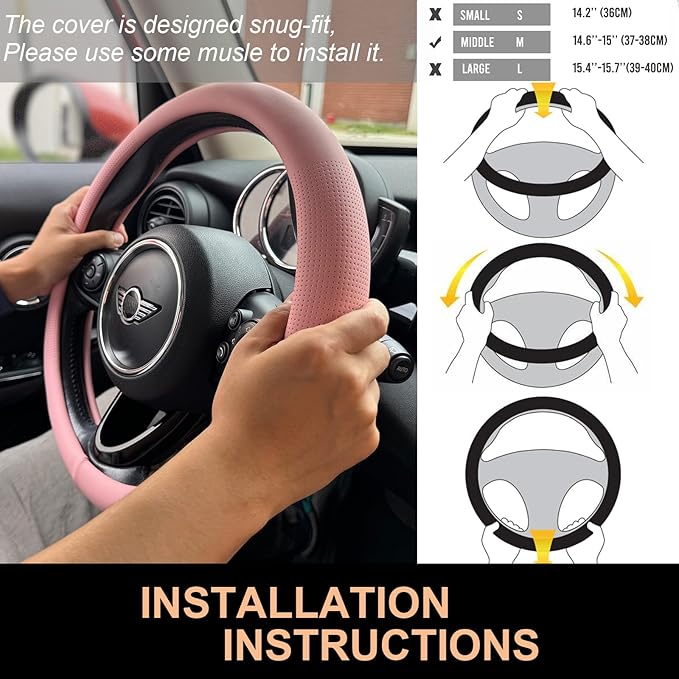 PINCTROT Nappa Leather Steering Wheel Cover, Slim Fit No Bulk Design, One Piece Leather with Breathable Perforation, Fit Like Gloves, Universal 14.5-15 Inch(Nappa Pink)