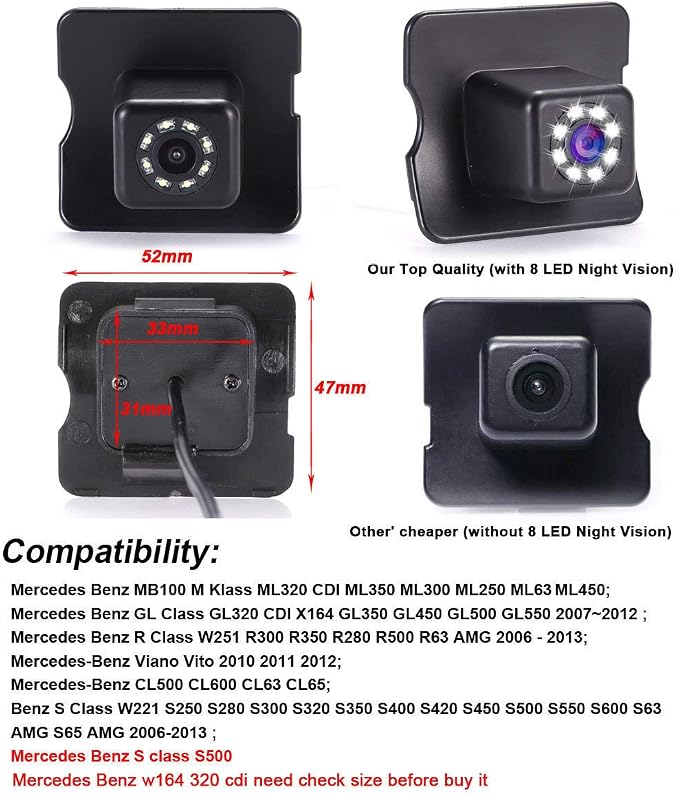 Car License Light Rear View Camera with 8LED Night Vision Parking Camera for Mercedes Benz ML320 CDI ML350 ML300 ML250 ML63 W164 ML450 X164 GL350 GL450 GL500 GL550 W251 R300 R350 R280 R500 R63