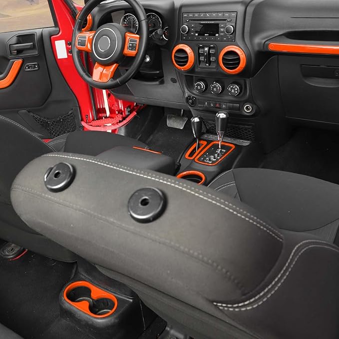 Hoolcar Steering Wheel Cover Gear Shift Panel Trim Cover Water Cup Holder Cover Kit Interior Accessories Kit Fit for Jeep Wrangler JK JKU 2011-2018, 4-Door, Orange
