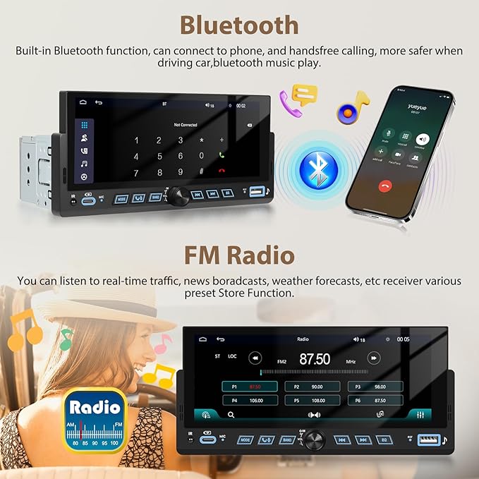 6.86" Android CarPlay Stereo, Single Din Car Radio with Android Auto, HD Touch Screen Bluetooth Handsfree FM Audio Receiver with Mirror Link, SWC,Backup Camera Support USB/TF/AUX/MIC