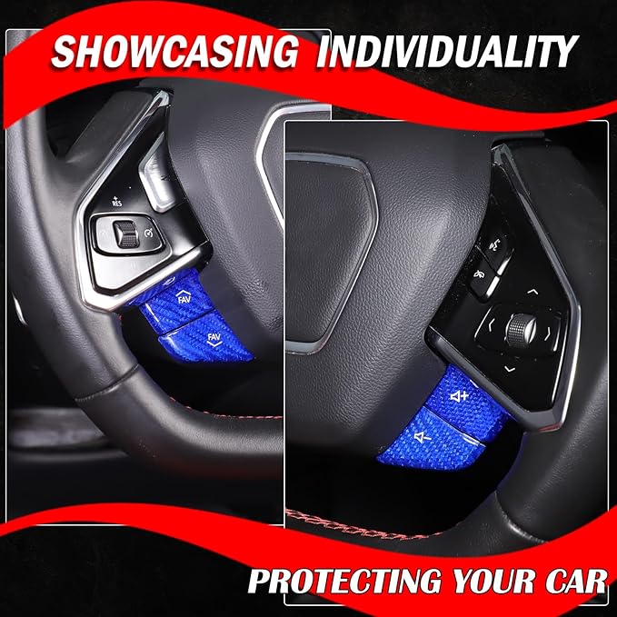 Dry Carbon Fiber Central Control Steering Volume Button Cover Compatible with Corvette C8 2020-2025 Accessories 4Pcs Center Consoles Steering Button Panel Sticker Decorative Interior Trim (Blue)