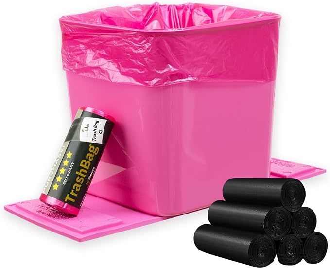 Pink Car Trash Can Plus Trash Bag Bundle – Leakproof, w/Stability Flap, Anti-Slip Base, Portable – Includes 1 Roll Inside + 6 Extra Roll (140pcs) – Black, Large – for Cars, SUV, & Trucks