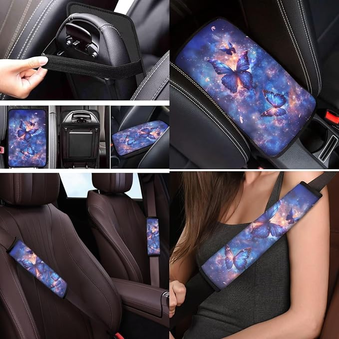 Mumeson Butterfly Galaxy Pattern Car Seat Covers 8 Pack Auto Interior Decor Set 2 Piece Car Seat Covers with Non-Slip Steering Wheel Covers 2 Pcs Seatbelt Covers Cushion Car Armrest Cover Pad