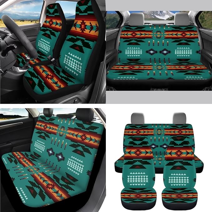 AFPANQZ Green Aztec Tribal Car Seat Covers Full Set 11 Packs Steering Wheel Cover + Safety Seat Belt Pads + Car Cup Holder Coaster + Handrake Cover + Gear Shift Knob Cushion for Men Women