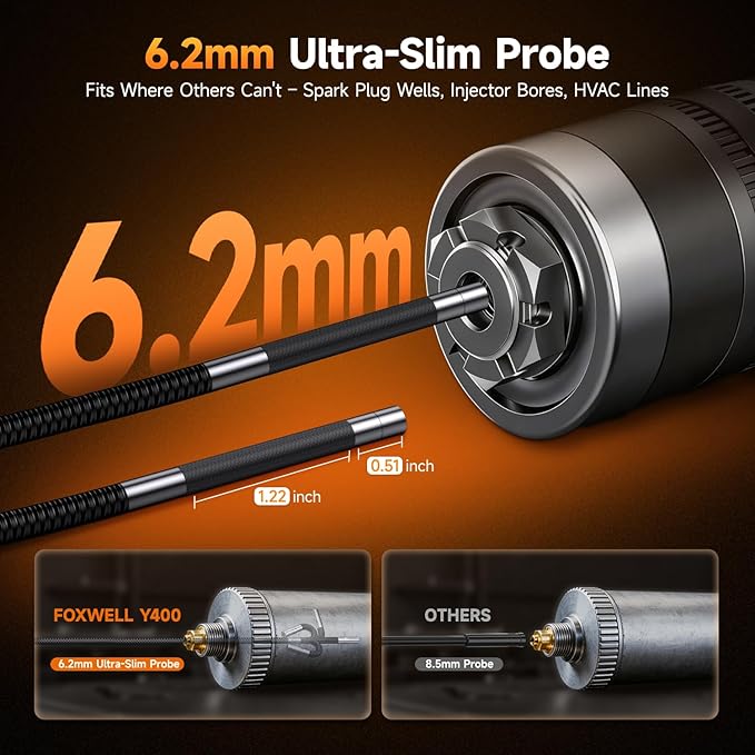 FOXWELL Y400 Two-Way Articulating Borescope with Light, 0.24in Ultra-Slim Probe, 220° Articulation, IPS HD Screen, Industrial Endoscope Inspection Camera for Automotive Engine, HVAC & Plumbing – 5.3FT