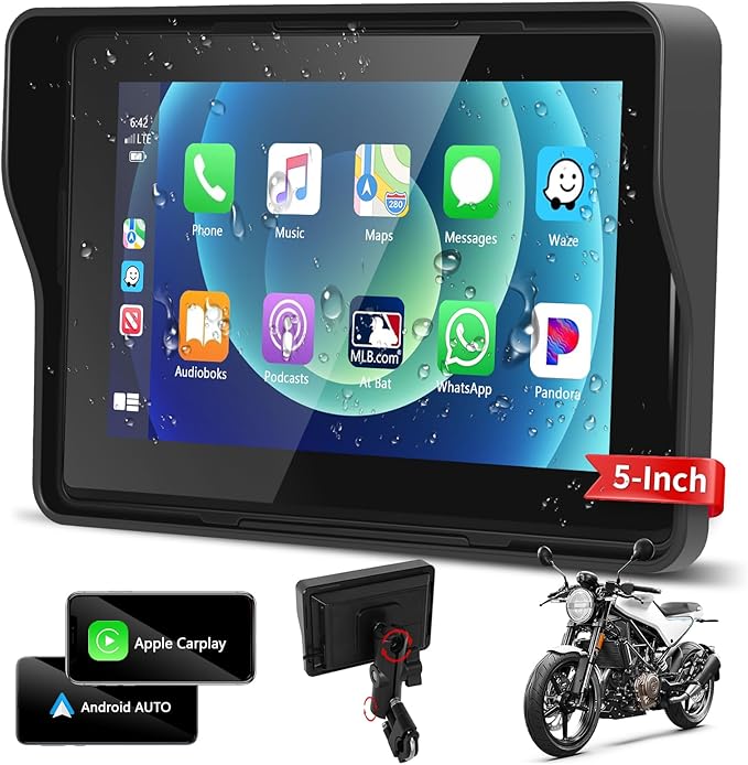Podofo Upgrade Motorcycle GPS Wireless Apple Carplay/Android Auto Waterproof Car Stereo, 5" IP67 Waterproof IPS Touchscreen with Dual Bluetooth,Navigation/Siri/Goog-le for Motorbike