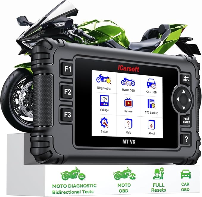 Motorcycle Bidirectional Diagnostic Scan Tool for Kawasaki, iCarsoft MT V6 All System Motor OBD2 Scanner- All Actuation Tests, Special Functions, Battery Test, Also for Car OBD2 Diagnose-Upgraded Ver