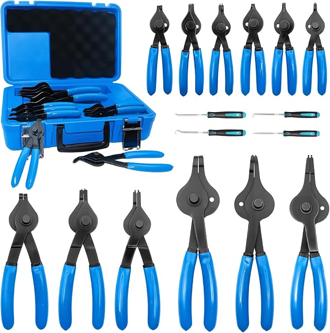 12PCS Versatile Snap Ring Pliers Set with 4PCS Pick Tool, Internal/External Retaining Ring Pliers with 4 Tip Sizes (0.038/0.047/0.070/0.090in) for Circlip Removal, Automotive & Machinery