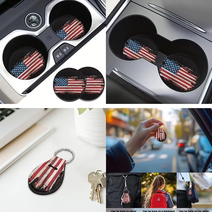American Flag 12 Pcs Car Seat Cover Set with Auto Steering Wheel Cover Armrest Cushion Cup Coasters Protector Seat Belt Covers,Automotive Interior Sets Universal Fit Most Cars SUV