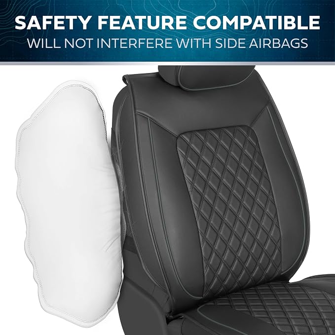 MotorBox Prestige Edition Napa Leather Car Seat Covers Full Set, Open Sides Leather Seat Covers, Premium PU Leatherette Black & Gray Seat Covers for Cars Trucks SUVs, Front and Rear Seat Cover Set