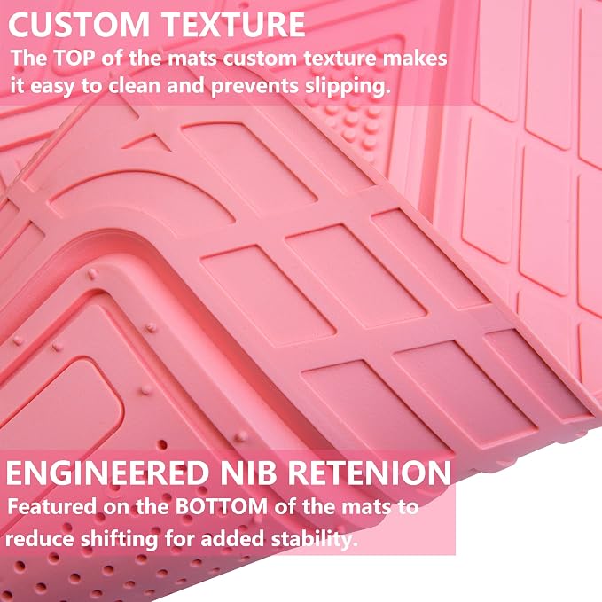 CAR PASS Heavy Duty Rubber Floor Mats Pink Car Mats Full Set with Trunk Cargo Liner - Universal Waterproof Floor Mats for Car SUV Truck, Durable All Weather Liner Mats Automotive Women (All Pink)