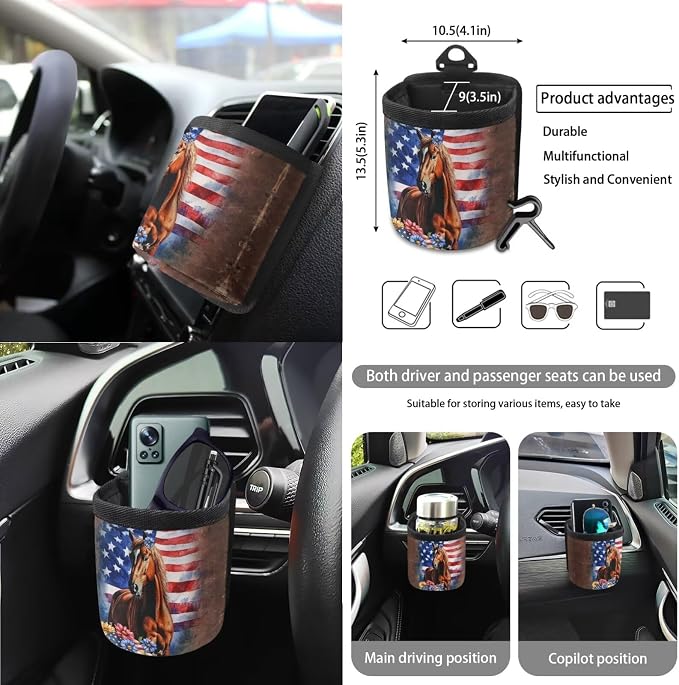 Horse American Flag Daisy Print Car 15pcs Accessories, Front and Back Seat Covers for Cars Steering Wheel Cover Seat Belt Cover Trash Can Coasters Universal Fit