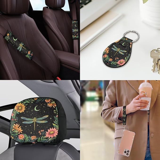 Dragonfly Moon Car Seat Covers Full Set of 18 Pcs Car Interior Accessories Set for Women Dragonfly Flower Car Headrest Covers Auto Seat Belt Pads Steering Wheel Cover Universal Fit