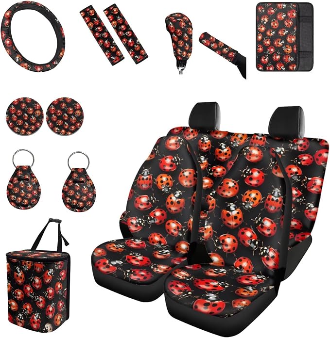 Forchrinse 15Pcs Red Ladybird Car Seat Cover Set with Steering Wheel Cover Armrest Shoulder Pads Handbrake Gear Cover Garbage Can Universal Women Auto Interior Accessories