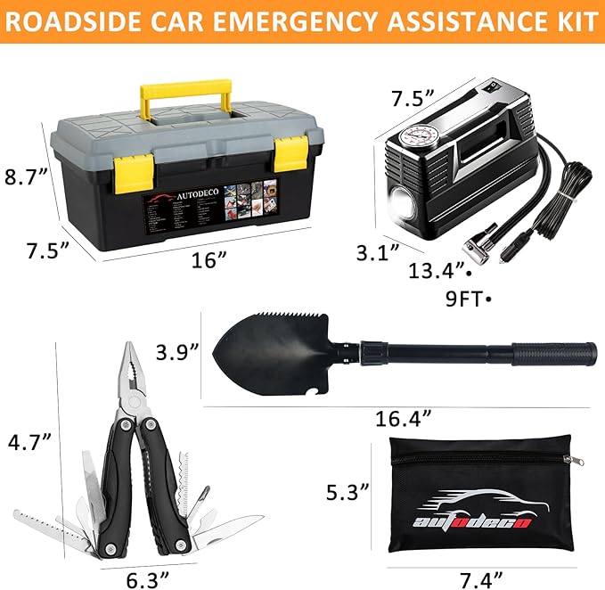 AUTODECO 98 PCS Roadside Car Emergency Assistance Kit with Portable Air Compressor Jumper Cables Safety Hammer All in One Pliers Tool Set（Black）