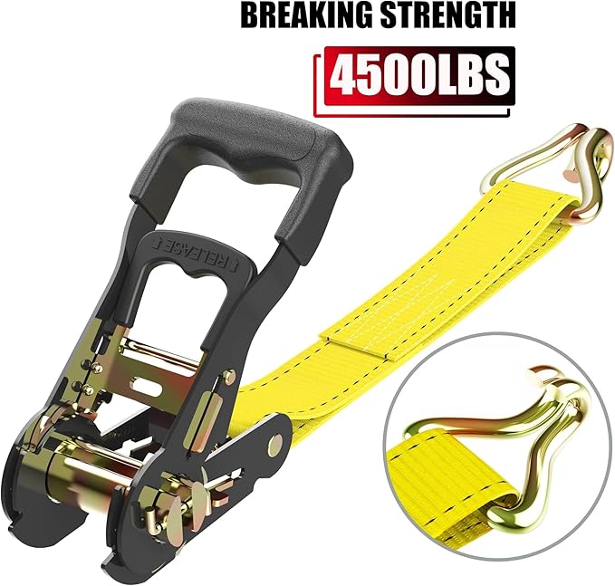 AWELCRAFT Ratchet Straps Heavy Duty 4 Pack,4500lbs Breaking Strength,1.5in×15ft Tie Down Ratcheting Strap with Padded Handles, Double J Hooks & Soft Loops for Motorcycle,Trailer & Trucks (Yellow)