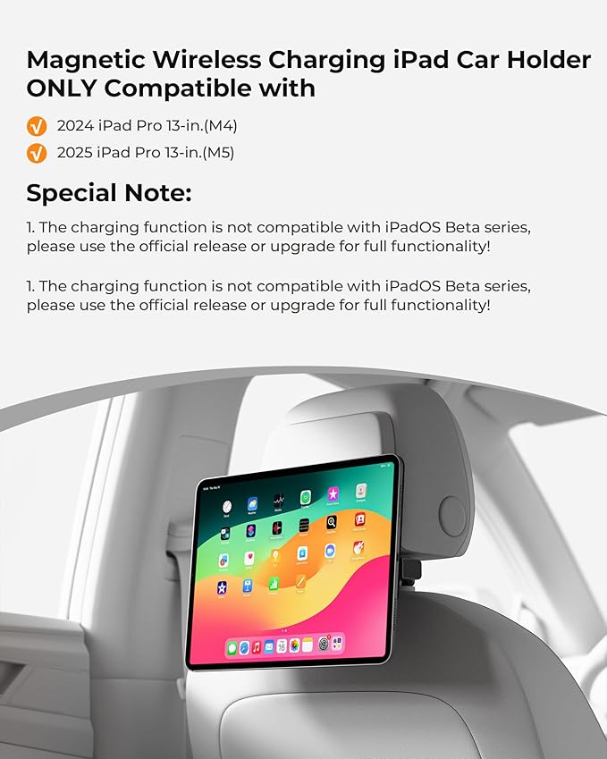 KU XIU Magnetic Wireless Charging Car Headrest Tablet Holder for iPad Pro 13'' M4/M5 Only, Tablet Car Back Seat Mount for Kids, Road Trip Essentials Trave Holder with Air Vent Stand, 2M USB-C Cable