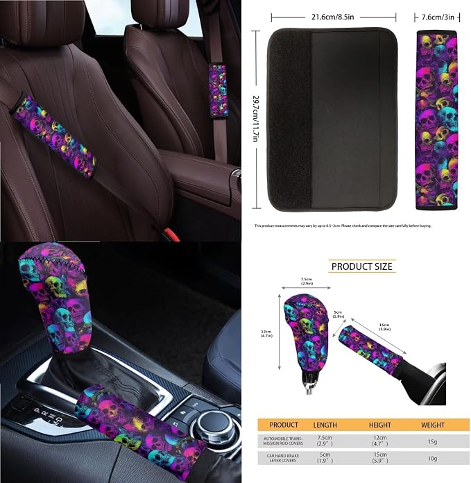 Skull Print 14Pcs Full Set Car Seat Covers with Accessories, High Back Car Front and Rear Seat Covers with Steering Wheel Cover Center Console Pad and Safety Belt Pads, etc