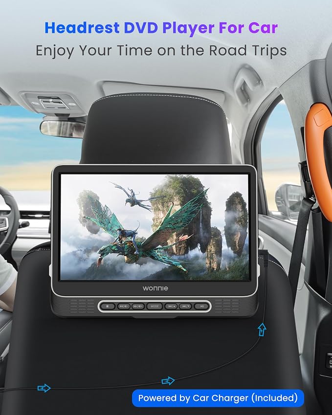 Car DVD Player, WONNIE 12" Headrest DVD Player with Mount Bracket, Supports 1080P/MP4 Video, HDMI Input/Output, AV Out, AC Adapter, Car Charger, USB Card Reader, Last Memory, All Regions