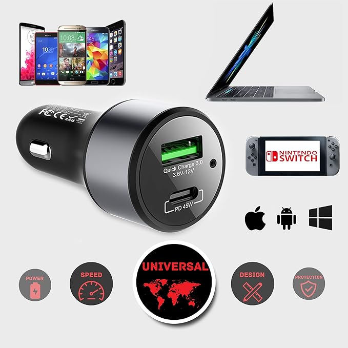 LinkOn 63W USB C Car Charger PPS&PD 3.0(45W) + QC 3.0(18W) Dual Port – Fast Car Charger Compatible with Laptop, Phone & Tablet – MacBook, Dell XPS, HP Spectre, iPad, iPhone, Samsung, Google Pixel