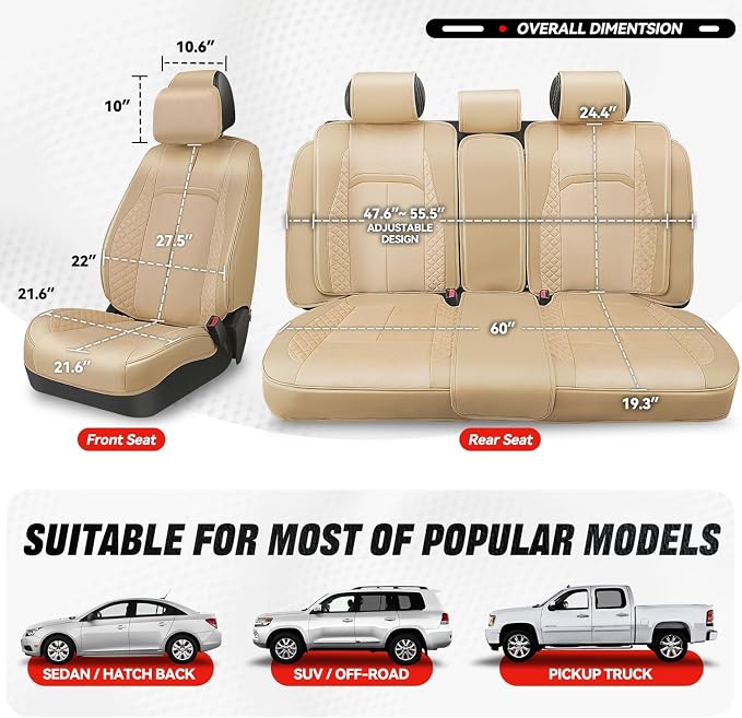 Auto Dynasty Car Seat Covers Full Set, Automotive Seat Covers for Cars Breathable Waterproof, Universal Anti-Slip Car Interior Protectors Compatible Airbag Fit Most Cars, Beige, Voris Series