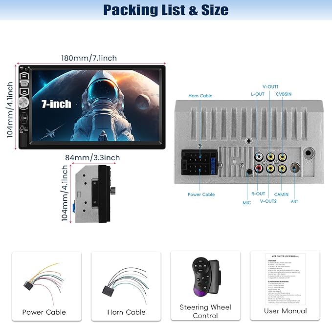 7 inch Touch Screen Double Din Car Stereo with Wired Mirror Link Bluetooth FM EQ Steering Wheel Control 7 Color Light